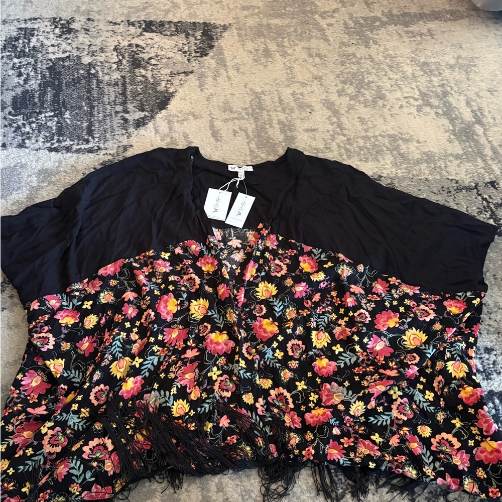 Jessica Simpson Black Floral Fringe Tunic with Pink and Yellow Blooms